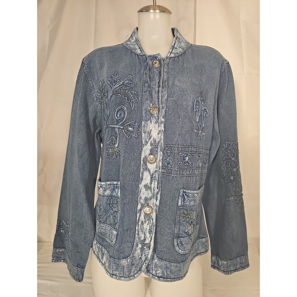 Flashback Indie Sleaze Denim Jacket Women Size L Boho Beaded Floral Whimsigoth